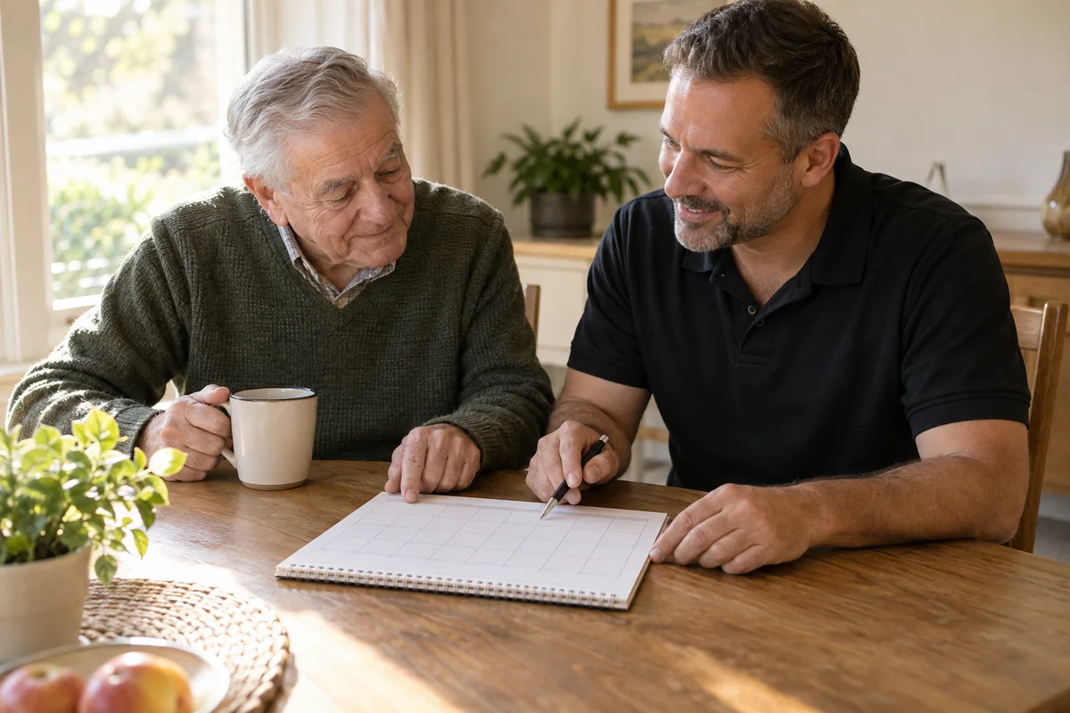 Illustration of an older man and a caregiver looking at a calendar together